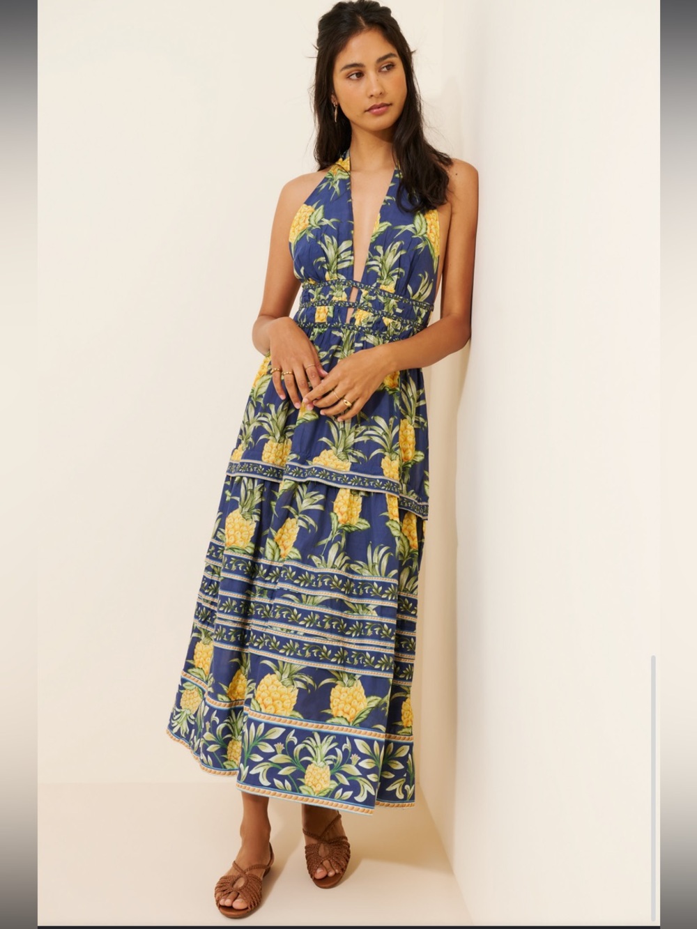 New Anthropologie Farm Rio Delicate Pineapple Beaded Halter Tiered Midi Dress M